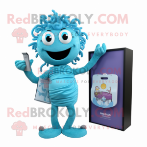 Sky Blue Medusa mascot costume character dressed with a Playsuit and Wallets