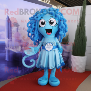 Sky Blue Medusa mascot costume character dressed with a Playsuit and Wallets