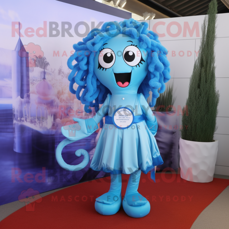 Sky Blue Medusa mascot costume character dressed with a Playsuit and Wallets Sky Blue Medusa mascot costume character dressed with a Playsuit and Wallets