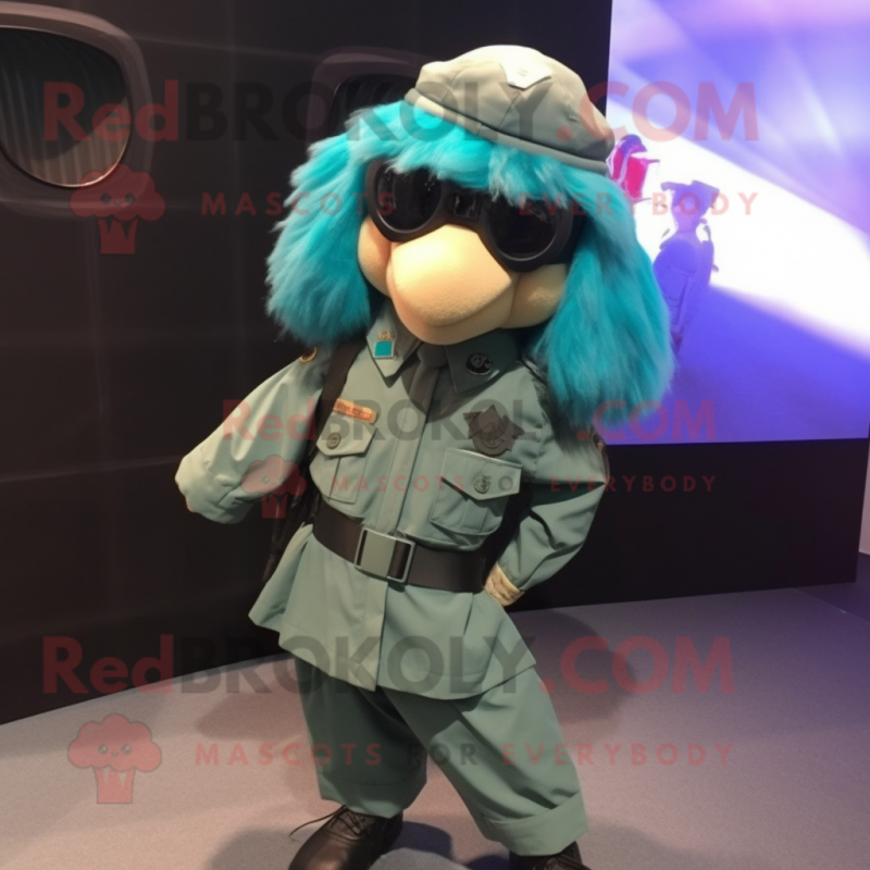 Teal Special Air Service mascot costume character dressed with a Wrap Skirt and Hair clips