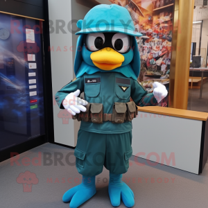 Teal Special Air Service mascot costume character dressed with a Wrap Skirt and Hair clips