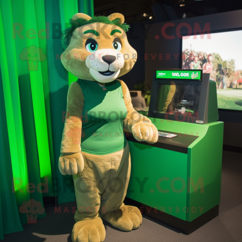 Forest Green Puma mascot costume character dressed with a Wrap Skirt and Watches Forest Green Puma mascot costume character dressed with a Wrap Skirt and Watches
