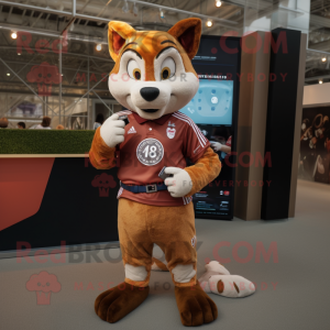 Brown Fox mascot costume character dressed with a Rugby Shirt and Smartwatches