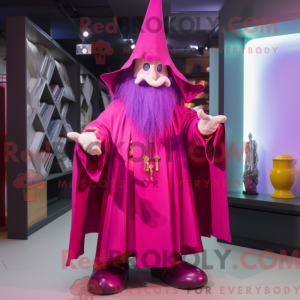 Maskotfigur af en magenta...