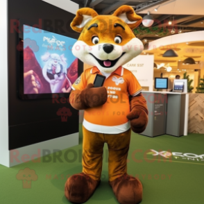 Brown Fox mascot costume character dressed with a Rugby Shirt and Smartwatches