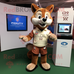 Brown Fox mascot costume character dressed with a Rugby Shirt and Smartwatches