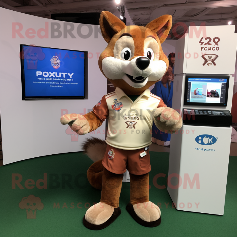 Brown Fox mascot costume character dressed with a Rugby Shirt and Smartwatches Brown Fox mascot costume character dressed with a Rugby Shirt and Smartwatches