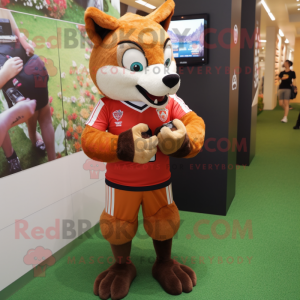 Brown Fox mascot costume character dressed with a Rugby Shirt and Smartwatches
