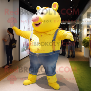 Yellow Sow mascot costume character dressed with a Flare Jeans and Watches