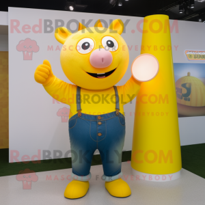 Yellow Sow mascot costume character dressed with a Flare Jeans and Watches