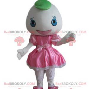 Menina mascote de vestido rosa com cabeça redonda -