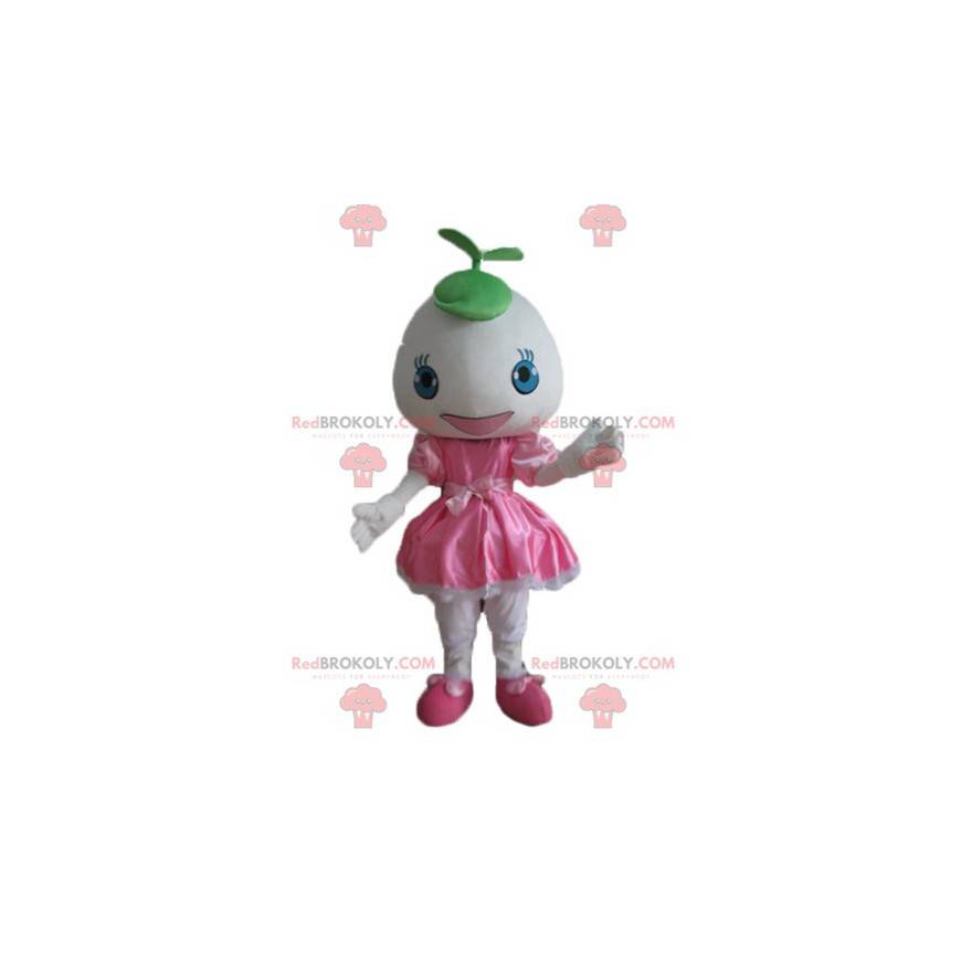 Girl mascot in pink dress with a round head - Redbrokoly.com