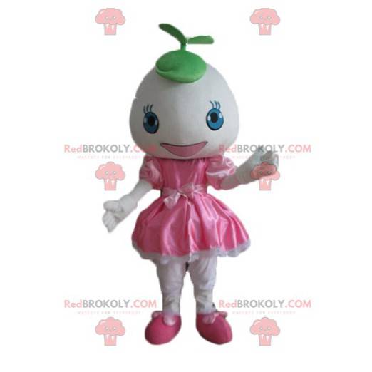 Mascota de niña en vestido rosa con cabeza redonda -
