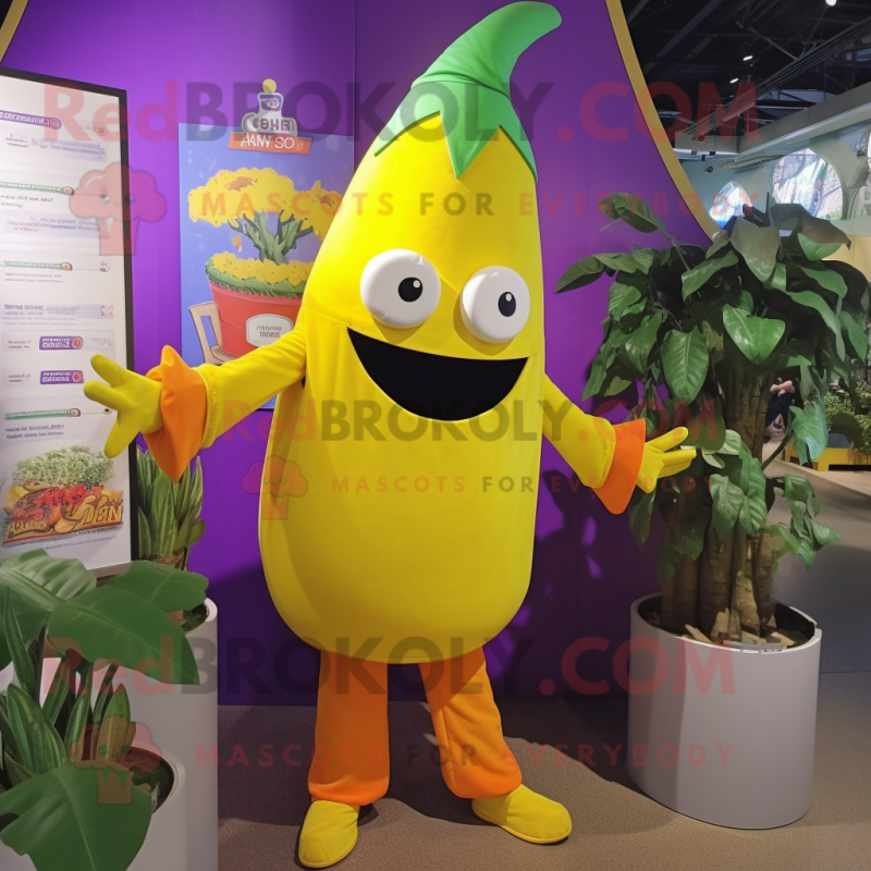 Yellow Eggplant mascot costume character dressed with a Playsuit and Headbands