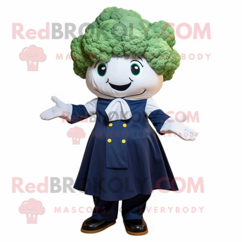 Navy Cauliflower mascot costume character dressed with a A-Line Skirt and Caps Navy Cauliflower mascot costume character dressed with a A-Line Skirt and Caps