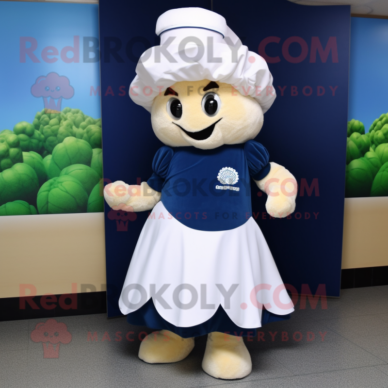 Navy Cauliflower mascot costume character dressed with a A-Line Skirt and Caps