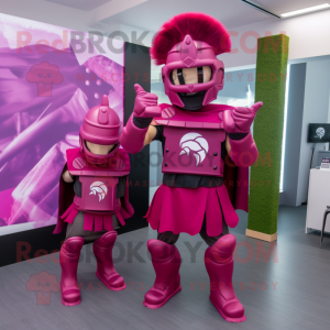 Magenta Spartan Soldier mascot costume character dressed with a Wrap Dress and Hair clips