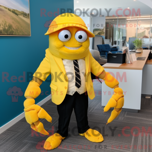 Maskotkarakter av en gul...