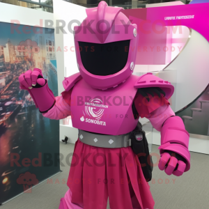 Magenta Spartan Soldier mascot costume character dressed with a Wrap Dress and Hair clips