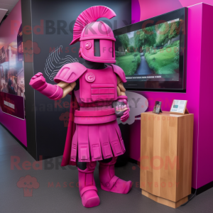 Magenta Spartan Soldier mascot costume character dressed with a Wrap Dress and Hair clips