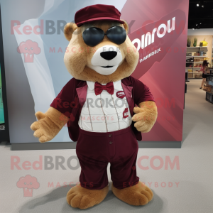 Maroon Marmot mascot costume character dressed with a Romper and Pocket squares