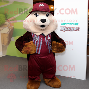 Maroon Marmot mascot costume character dressed with a Romper and Pocket squares