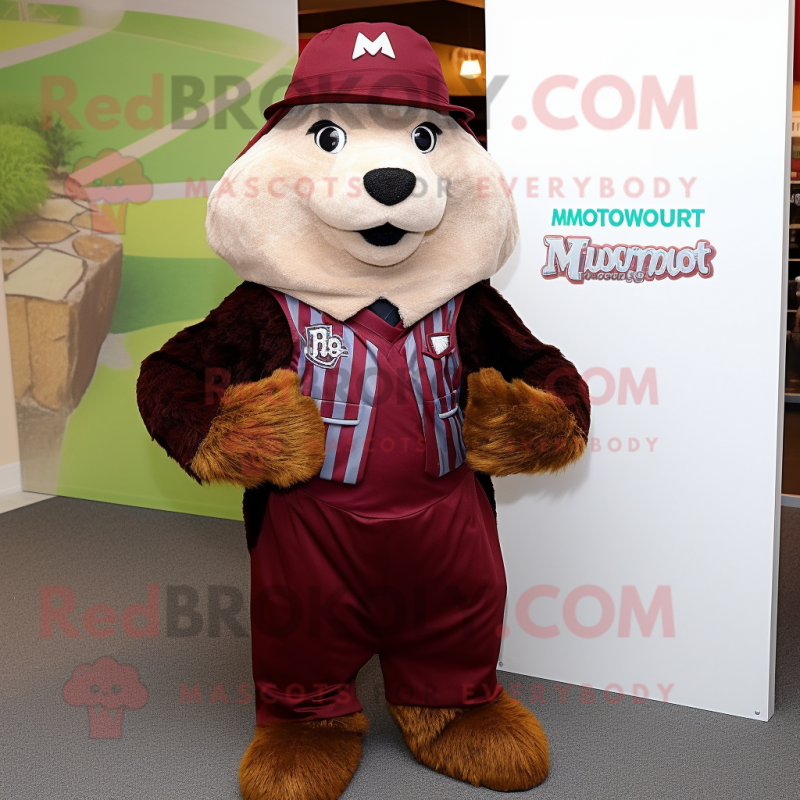 Maroon Marmot mascot costume character dressed with a Romper and Pocket squares Maroon Marmot mascot costume character dressed with a Romper and Pocket squares