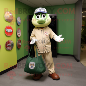 Olive Baseball Glove mascot costume character dressed with a Suit Jacket and Tote bags