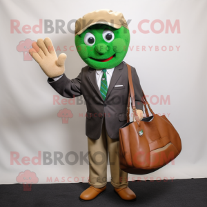 Olive Baseball Glove mascot costume character dressed with a Suit Jacket and Tote bags
