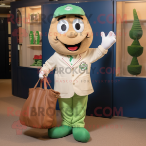 Olive Baseball Glove mascot costume character dressed with a Suit Jacket and Tote bags