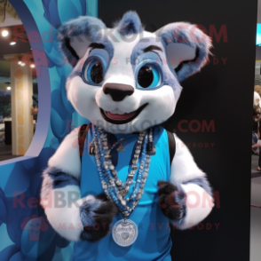 Blue Civet mascot costume character dressed with a T-Shirt and Necklaces