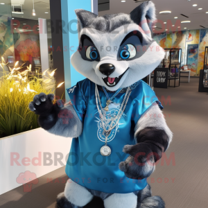 Blue Civet mascot costume character dressed with a T-Shirt and Necklaces