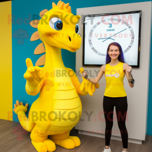 Yellow Seahorse mascot costume character dressed with a Shift Dress and Smartwatches