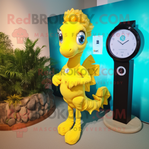 Yellow Seahorse mascot costume character dressed with a Shift Dress and Smartwatches