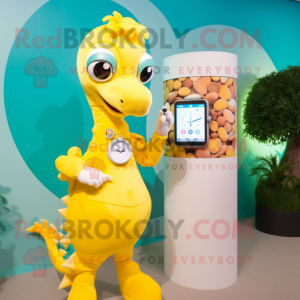 Yellow Seahorse mascot costume character dressed with a Shift Dress and Smartwatches