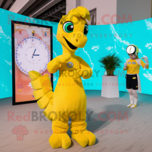 Yellow Seahorse mascot costume character dressed with a Shift Dress and Smartwatches