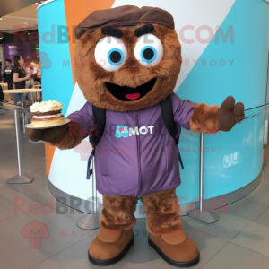 Brown Cupcake mascot costume character dressed with a Windbreaker and Backpacks