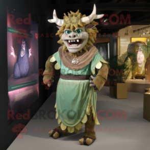 Olive Minotaur mascot costume character dressed with a Evening Gown and Headbands