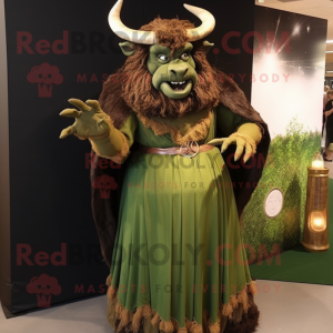 Olive Minotaur mascot costume character dressed with a Evening Gown and Headbands