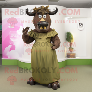 Olive Minotaur mascot costume character dressed with a Evening Gown and Headbands