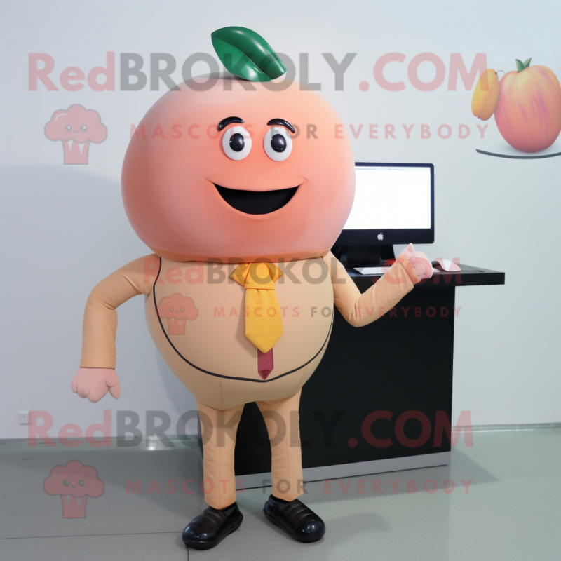 Peach Computer mascot costume character dressed with a Turtleneck and Ties Peach Computer mascot costume character dressed with a Turtleneck and Ties