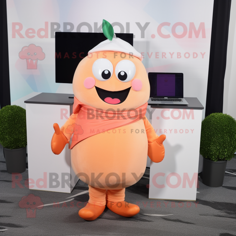 Peach Computer mascot costume character dressed with a Turtleneck and Ties Peach Computer mascot costume character dressed with a Turtleneck and Ties