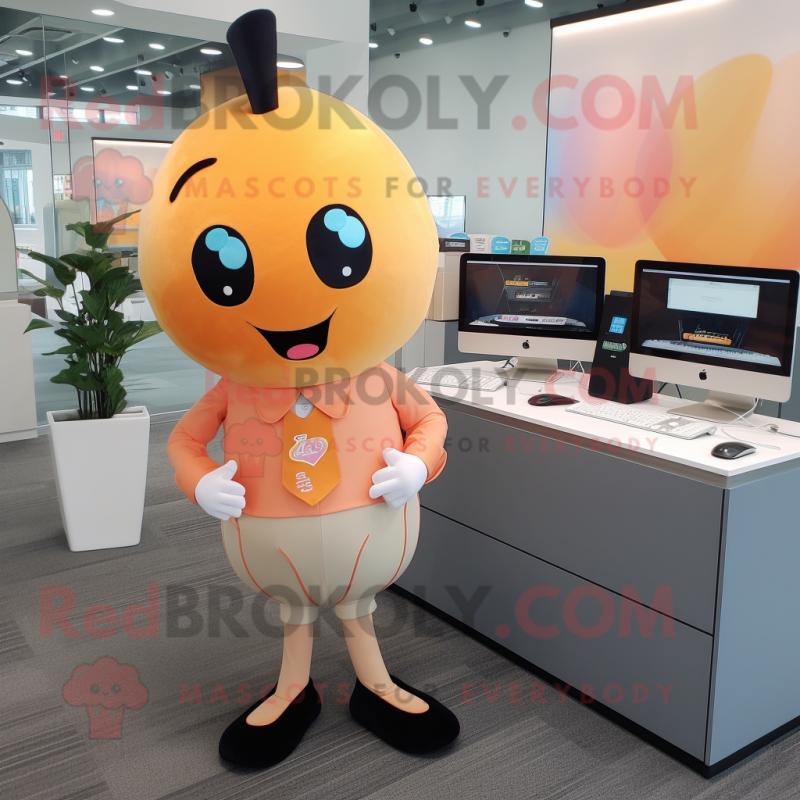 Peach Computer mascot costume character dressed with a Turtleneck and Ties Peach Computer mascot costume character dressed with a Turtleneck and Ties