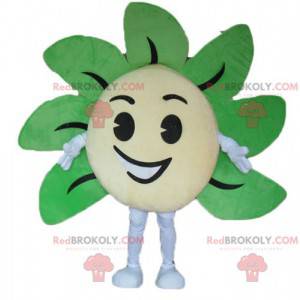 Mascote gigante e sorridente de flores amarelas e verdes -