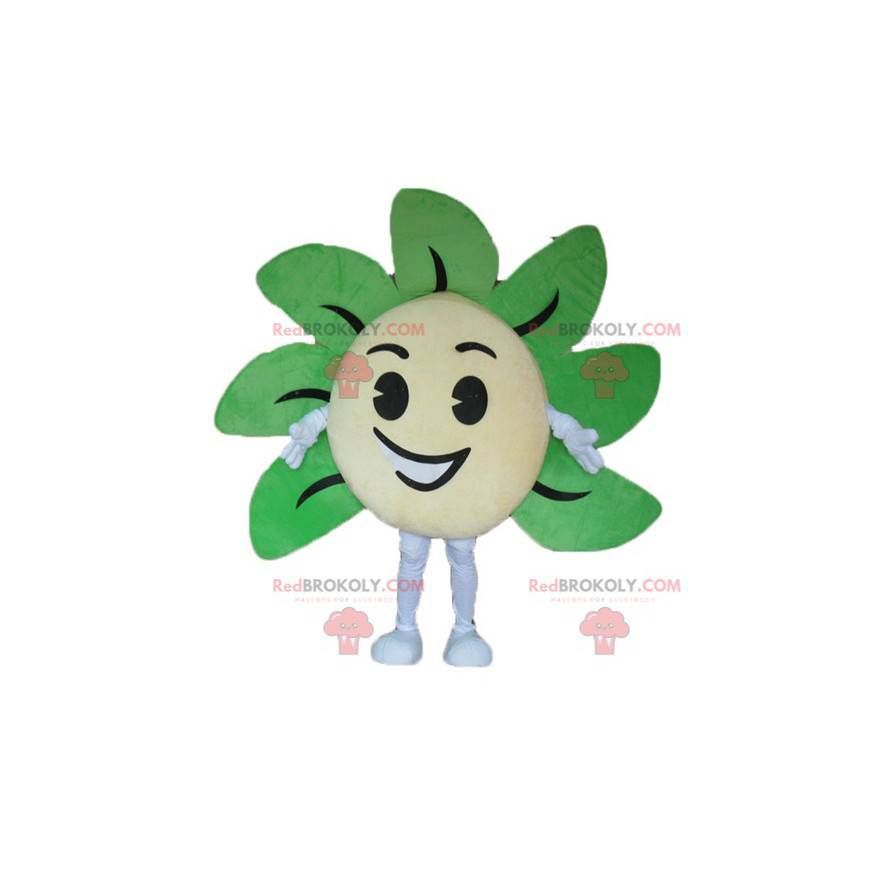 Mascotte fiore giallo e verde gigante e sorridente -