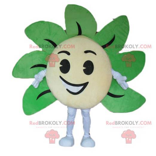 Mascotte fiore giallo e verde gigante e sorridente -