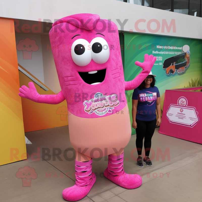 Pink Enchiladas mascot costume character dressed with a One-Piece Swimsuit and Foot pads Pink Enchiladas mascot costume character dressed with a One-Piece Swimsuit and Foot pads