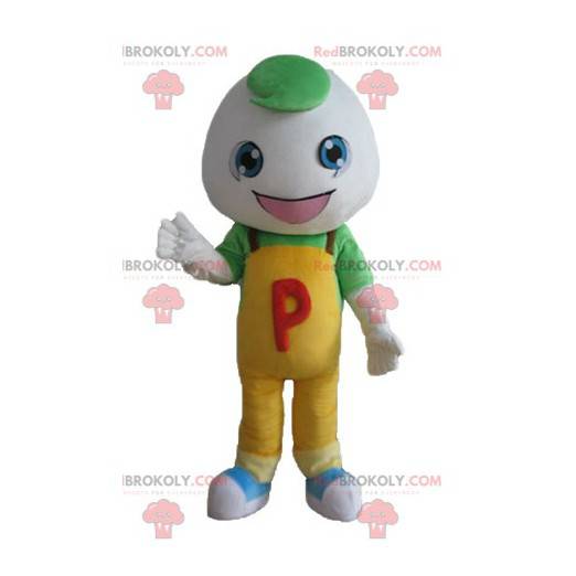 Mascot boy in overalls with a round head - Redbrokoly.com