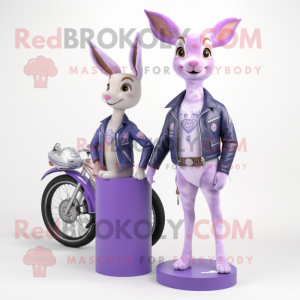 Lavender Roe Deer mascot costume character dressed with a Biker Jacket and Coin purses