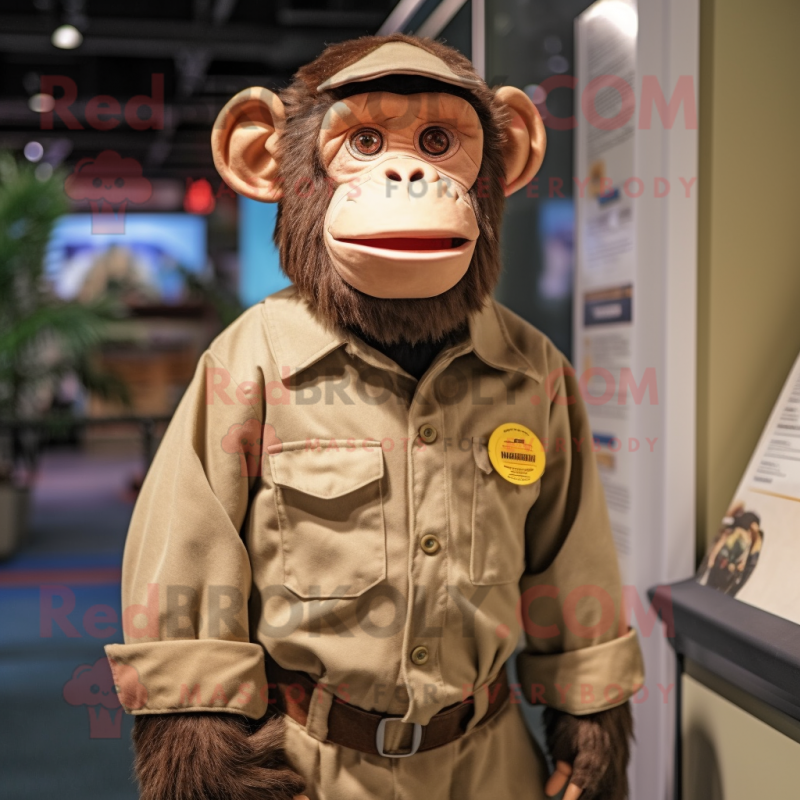 Tan Chimpanzee mascot costume character dressed with a Overalls and Lapel pins